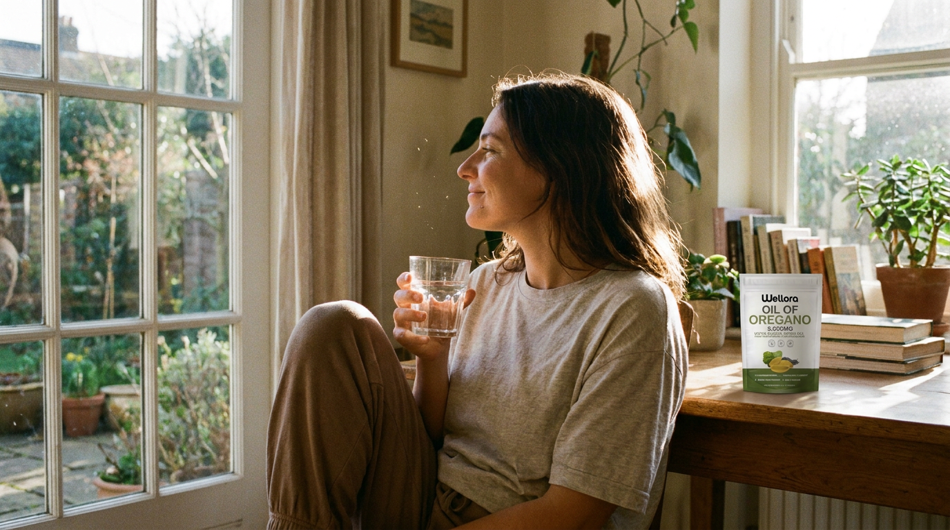 A person at a sunlit window with a glass of water, calm