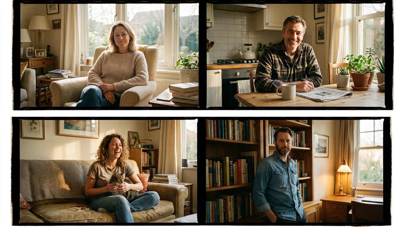 Four readers photographed in their own homes
