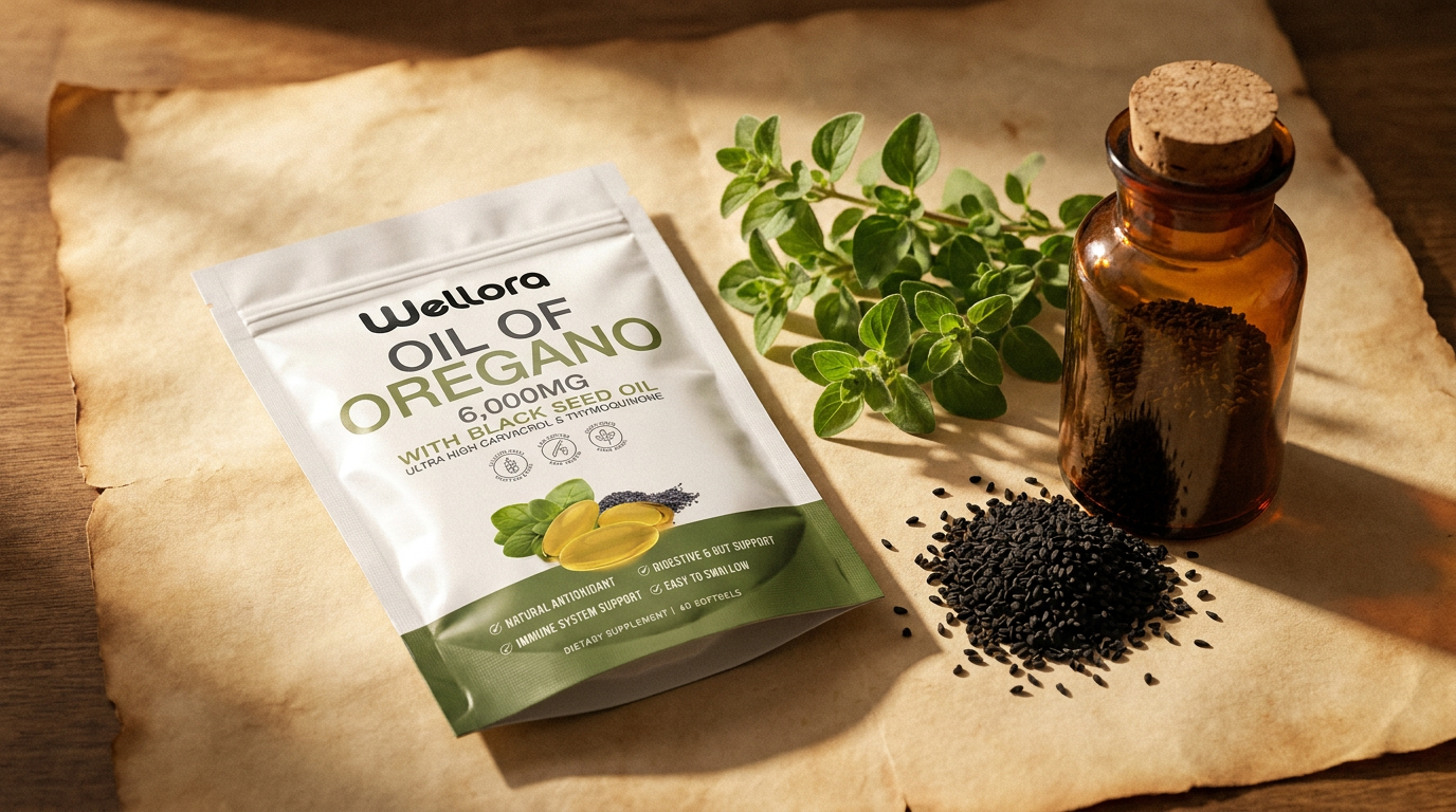 Wellora Oil of Oregano with Black Seed Oil pouch on aged parchment, beside fresh oregano and black seeds