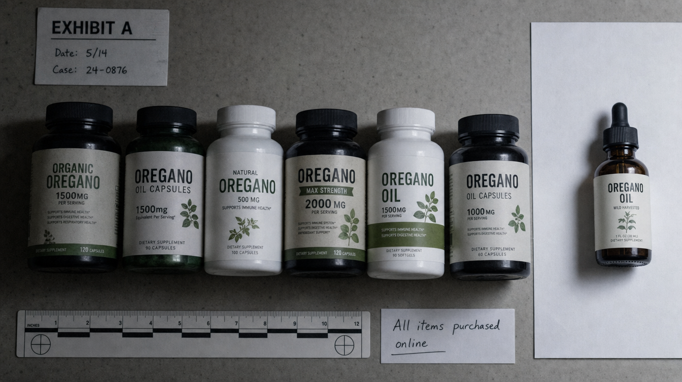 A lineup of cheap generic oregano supplement bottles