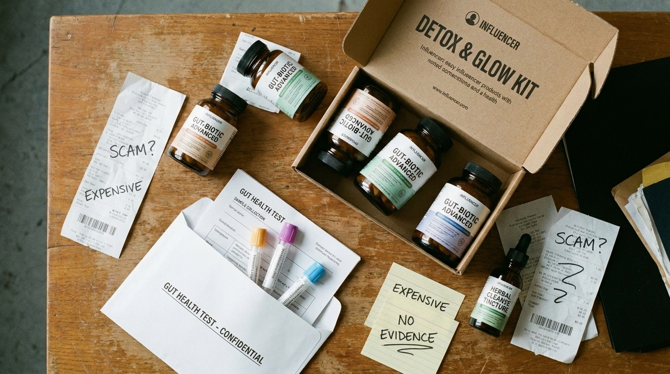 A flat-lay of a detox kit, probiotics, gut-test envelope and receipts