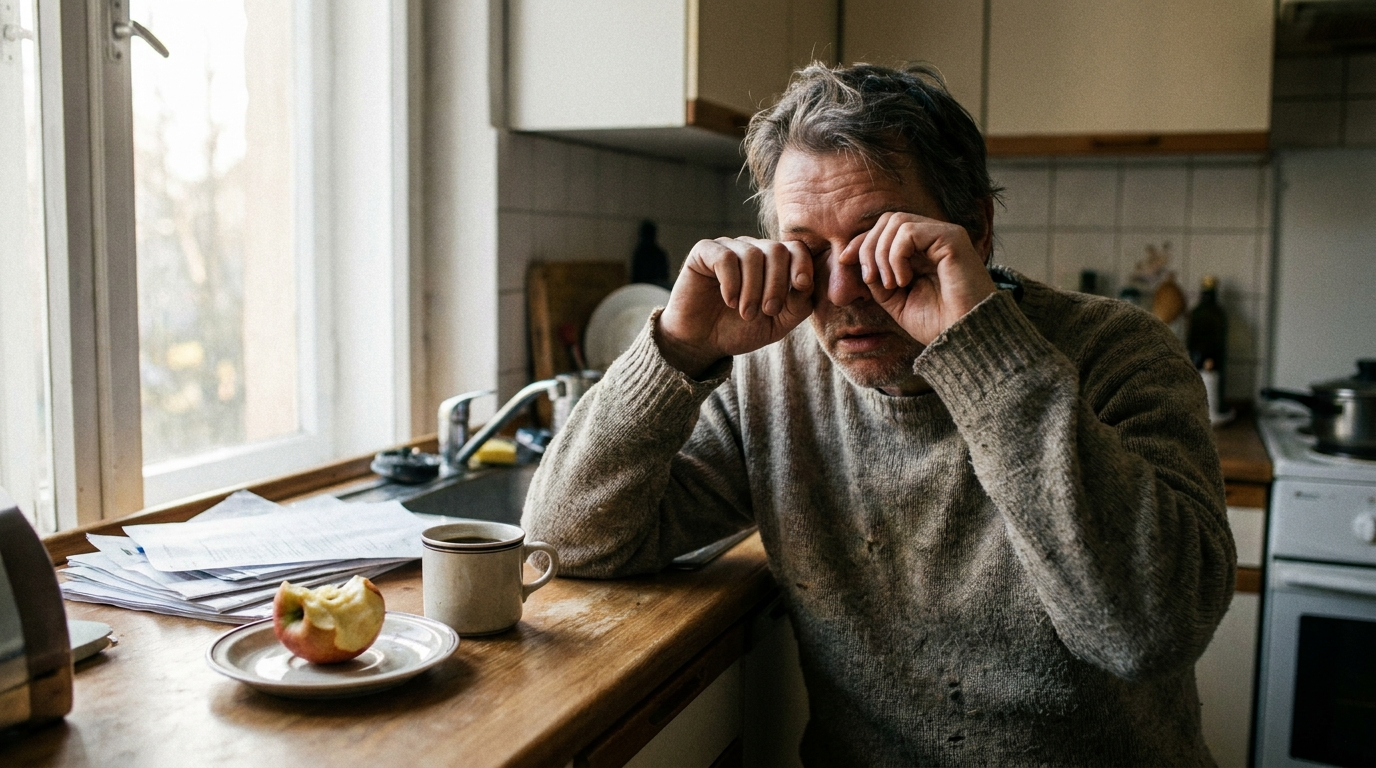 A tired man rubbing his eyes at a kitchen counter with coffee and papers nearby